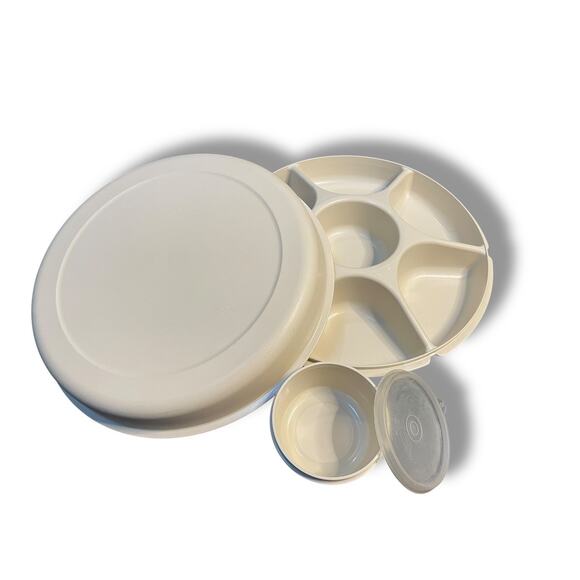 Vintage Tupperware Serving Center Divided Veggie Snack Dip Lid Almond 1665 1667 - Picture 3 of 10